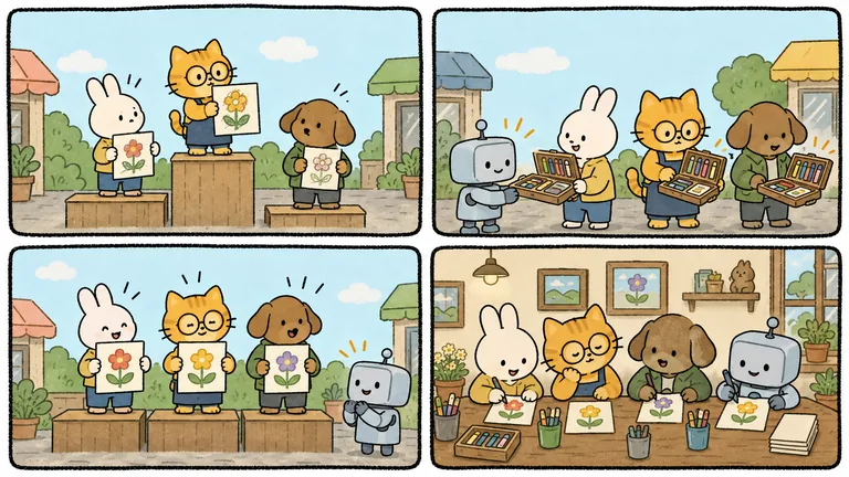 만화 4컷: 고양이·토끼·강아지가 각자 꽃 그림을 들고 있다가 로봇이 도구를 건네자 세 그림이 비슷해지는 장면