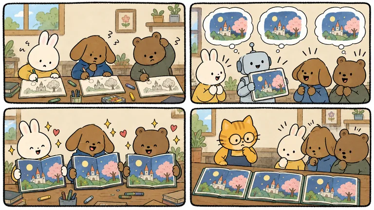 만화 4컷: 각자 그린 성 그림이 AI의 도움을 받자 똑같은 모양의 성 그림책 세 권으로 닮아 가는 장면