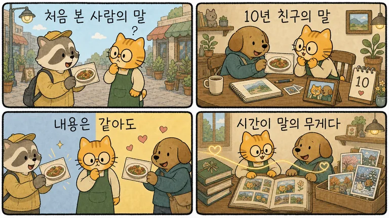 만화 4컷: 처음 본 사람의 말, 10년 친구의 말, 내용은 같아도, 시간이 말의 무게다