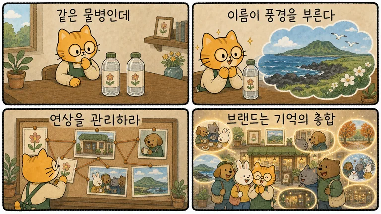 만화 4컷: 같은 물병인데, 이름이 풍경을 부른다, 연상을 관리하라, 브랜드는 기억의 총합