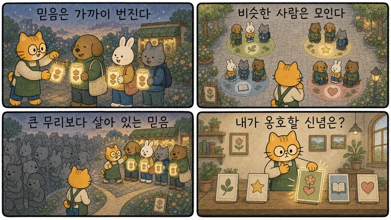 만화 4컷: 믿음은 가까이 번진다, 비슷한 사람은 모인다, 큰 무리보다 살아 있는 믿음, 내가 옹호할 신념은