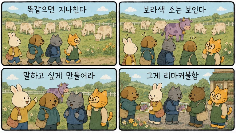 만화 4컷: 똑같으면 지나친다, 보라색 소는 보인다, 말하고 싶게 만들어라, 그게 리마커블함