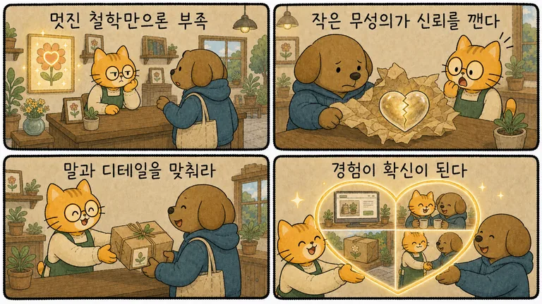 만화 4컷: 멋진 철학만으론 부족, 작은 무성의가 신뢰를 깬다, 말과 디테일을 맞춰라, 경험이 확신이 된다